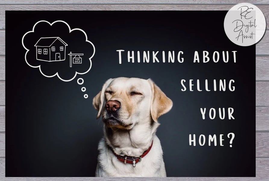 A black postcard with a yellow lab with its eyes closed. There is a cartoon thought bubble over the dog's head. The card reads, "Thinking about selling your home?"