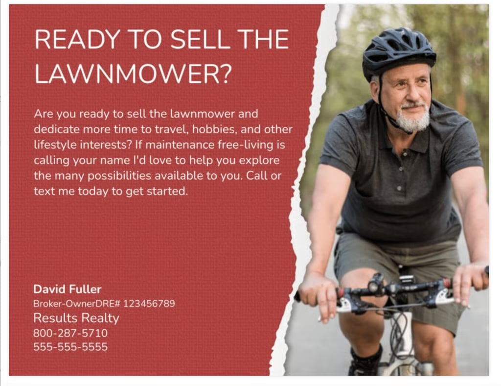 A red postcard with an image of a man on his bike. The text reads, "Ready to sell the lawnmower?"
