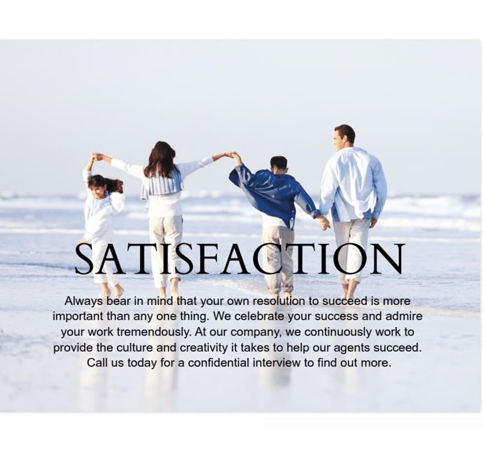 A postcard with a family on the beach. Atop the image is the word "Satisfaction".