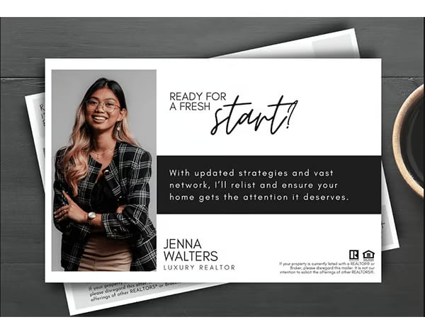 A postcard template that has a female agent's photo and states "Ready for a fresh start!"