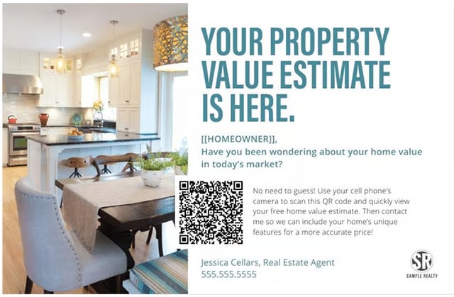A postcard with a kitchen image to the left and the words "Your property value estimate is here" on the right.