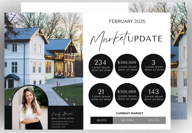 A black and white themed postcard, with circles including market information.