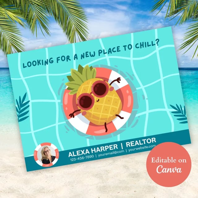 A light blue postcard with a pineapple cartoon lounging in an inner tube in a pool while wearing sunglasses.