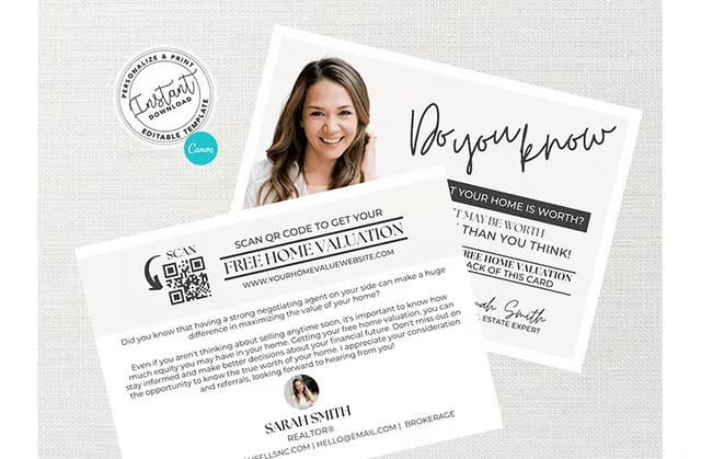 Front and back of a postcard asking receivers to scan for a home valuation.