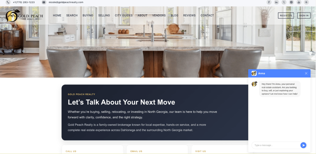 Gold Peach Realty's website with an AI chatbot at the bottom right.