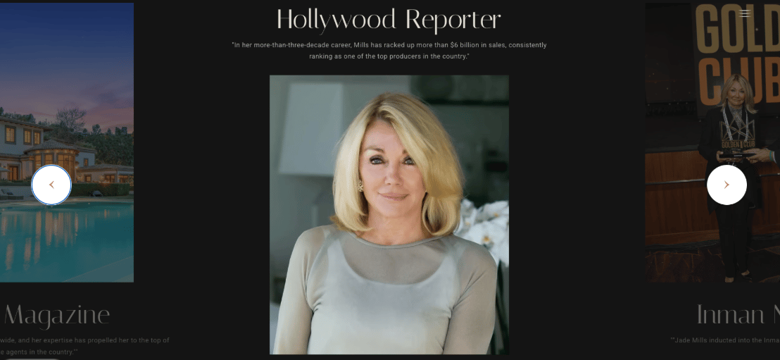 Jade Mills website showcasing her media exposure and success.