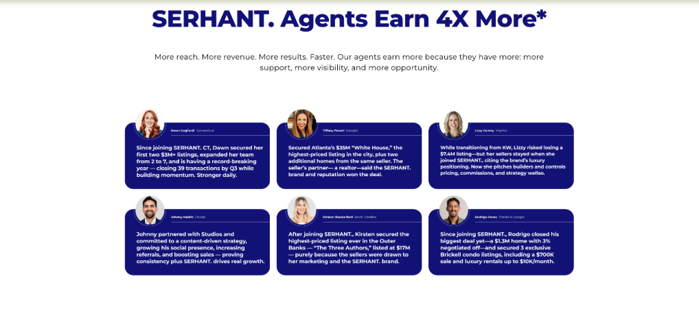 Serhant brokerage webpage with agent testimonials