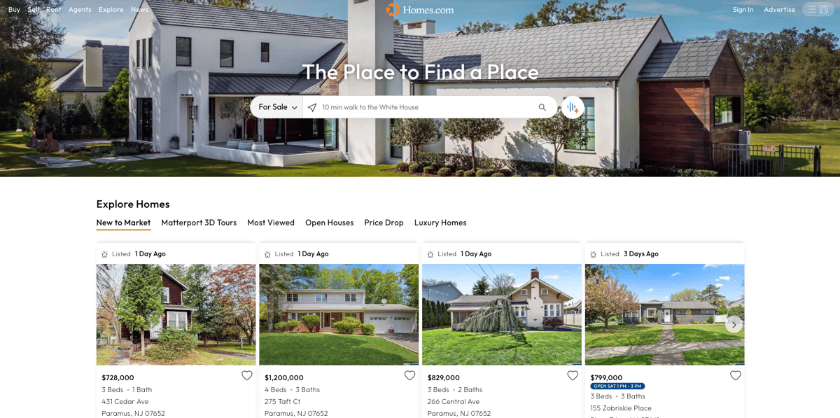 Homes.com search webpage.
