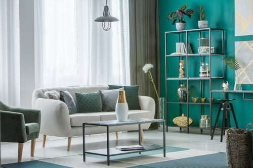 Living Room with Sofa, Bookshelf, and Teal Wall