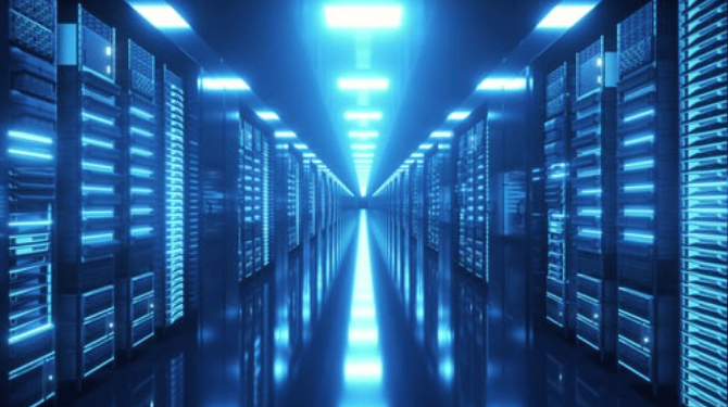 Data center with endless servers. Network and information servers behind glass panels