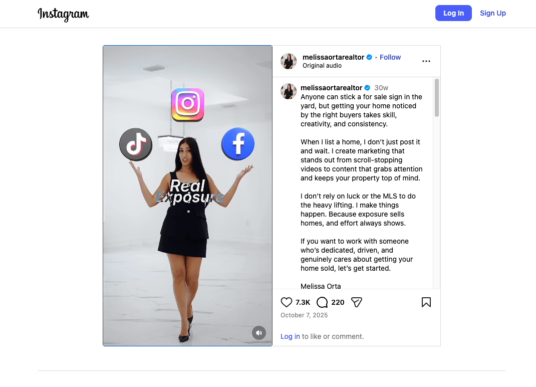 Screenshot of an Instagram video for a real estate agent.